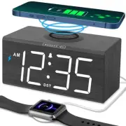 Wooden Digital Alarm Clock with Wireless Charging for Bedroom, Bedside Nights...