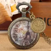 Antique Style Eiffel Tower Design Unisex Quartz Pocket Watch Pendant Compass