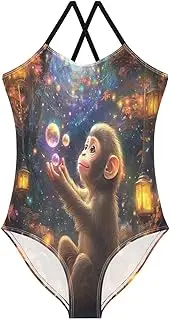 [RPLIFE] Toddler Girl Bathing Suit, Summer Beach Bathing Suits Girls 3-10 Y, Monkey with Bubbles Orange