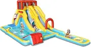 HONEY JOY Inflatable Water Slide, 7-in-1 Double Long Slide Inflatable Water Park w/Climbing Wall, Swimming Pool, Basketball Hoop, Water Gun, Water Slide for Outdoor Backyard (Without Blower)