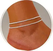 [RoseJeopal] Double Layered Chip Silver Anklet for Women, Adjustable Silver Anklet for Summer Hoilday with Gift Box, One Size, Stainless Steel, Cubic Zirconia