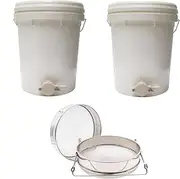OZBEE 2 Pack Plastic Honey Bucket 20 Liter Pail with Double Seal Honey Gate, Handle & Sealed Lid | Stainless Steel Double-Layer Honey Sieve Filter, Extractor & Strainer | Beekeeping Harvesting Kit