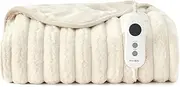 Dreamaker Chunky Embossed Plush Fleece Electric Heated Throw Blanket 160x130cm Warm Flannel Reversible Rug Energy Efficient Overheat Protection 9 Heat Settings Extra Long Cord Controller- Natural