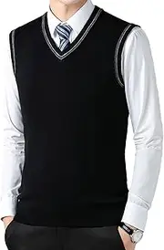 [SWJGLITTR] Men's Sleeveless Knitted Vest V Neck Pullover Waistcoats Relaxed Fit Wool Blended Vests, Black, Large