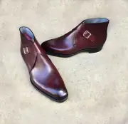Premium Quality Men's Burgundy Italian Leather Single Buckle Monk Strap Boots