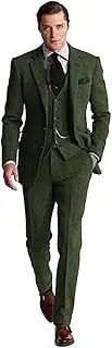 [High-End Suits] Retro 3 Piece Brown Grey Tweed Herringbone Men's Suits Slim Fit Groom Tuxedos Prom Blazer Custom Jacket
