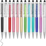 MengRan Cute Pens with Stylus Tip, 2 in 1 Black Ink Ballpoint Pens and Slim Crystal Stylus Pens for Touch Screens(12 colors)