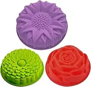 3 Pack Flower Shape Silicone Cake Bread Pie Flan Tart Molds, SENHAI Large Round Sunflower Chrysanthemum Rose Shape Non-Stick Baking Trays for Birthday Party DIY - Yellow,Red,Purple
