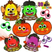 30 Halloween Trick or Treat Party Favor Craft Gift Cards with Googly Eye Rings