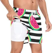 [GuoChe] Mens Swim Trunks Men 2In1 Workout Shorts Pink Watermelons Black Stripe Fruit with Compression Liner and Pockets