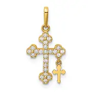 10K Yellow Gold Cz Budded Cross W/Cross Dangle Pendant