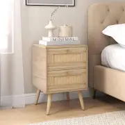 CostwayRattan Nightstand Boho Accent Bedside Table with 2 Storage Drawers-Natural