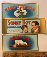 3 UN-USED COLORFUL QUALITY CIGAR Box Labels WHITE-CAT, SONNY BOY,KING COTTON