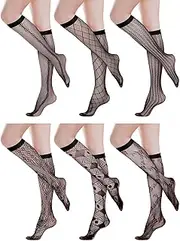 [BOARDFEB] 6 Pairs Women's Lace Socks Lace Knee High Socks Black White Fishnet Mesh Lace Hollow out Women Stockings