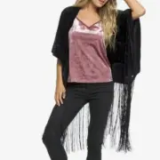 NWT $80 ROXY "WINGS of RAVEN" BLACK VELVET FRINGE KIMONO BOHO WRAP TOP XS/S