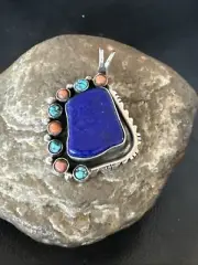 Blue Lapis Cluster Pendant Navajo Sterling Silver Beads Necklace 18754