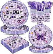 168pcs Purple Music Birthday Party Supplies Vocalist Plates Napkins Paper Cups Musical Themed Disposable Tableware Set for Girls Birthday Party Decor Serve 24