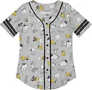 [Peanuts] Ladies Snoopy Baseball Jersey Snoopy Charlie Brown, Woodstock, Linus Mesh Button Down Baseball Jersey