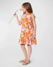 Natori Girl's Coral-Print Tank Cotton Dress Size 6 NWT $88