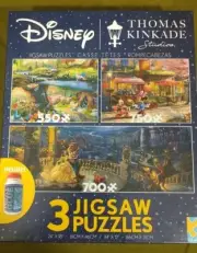 3 Disney Thomas Kinkade Puzzles Beauty & The Beast, Alice in Wonderland, Mickey