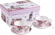[London Boutique] Coffee Tea Cup and Saucer Set 2 Shabby Chic Vintage Flora Porcelain Set Gift Box (Pink Bird Rose) (Bird Rose Butterfly)