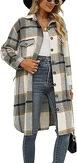 [SeekMe] Women's Long Plaid Shirt Jacket Shacket Lapel Button Down Woolen Blend Casual Tartan Over Shirt Trench Coat