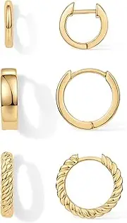 [PAVOI] 18K Gold Plated Sterling Silver Posts 3 Pairs Small Hoop Earrings Set | Plain Rope Wide Huggie Hoop Pack Earscape for Women 15mm 14mm 12mm