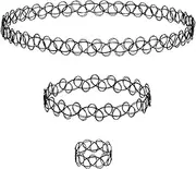 [Weforu] 3pc Assorted Tattoo Choker Necklace Set - 90s Accessories Old School Jewelry Gothick Black Stretchy Collar Bracelet & Ring Set, One Size for Women Teen Girl Party Accessories