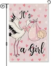 Perfectinsoy It's A Girl Pink Hearts Stork Bow Garden Flag, Baby Wrap Yard Decor
