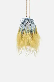 ROUND DRAWSTRING POUCH WITH FEATHERS MOON AND BACK