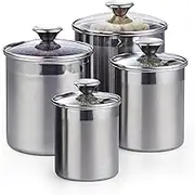 Cooks Standard Stainless Steel airtight Glass lid 4-Piece Small 0.95qt/ 1.6qt/2.5qt/3.5 qt,Food Jar Storage Canister Set for Tea Cofee Sugar Flour Baking Pantry Kitchen Counter