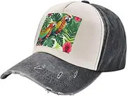 [YANYU] Tropical Flower Leaf Parrot Print Fashion Washed Distressed Baseball Cap Vintage Adjustable Hat with Classic Brim, Black and White, One Size