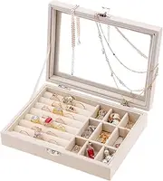 Quancru Jewelry Box with Glass Lid White Small Jewelry Organizer Portable Travel Jewelry Holder for Big and Small Jewelry Earrings Rings Necklaces Bracelets