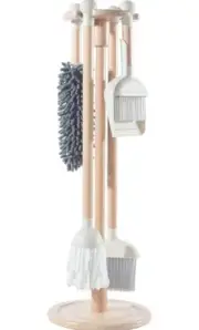 Member's Mark Wood Gray Cleaning Playset For Kids Mop Broom Dustpan Stand Duster