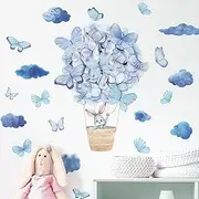 Blue Butterfly Hot Air Balloon Bunny Wall Stickers, sacinora DIY Cartoon Animal Wall Decals Removable Vinyl Peel and Stick for Boys Kids Baby Nursery Bedroom Toddler Room Kindergarten Decorations