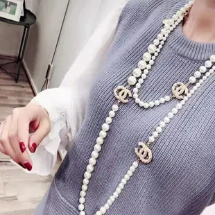 新款歐美小香風長款珍珠毛衣鏈雙層鎖骨鏈項鏈簡約時尚頸鏈女