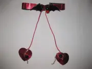 Metallic bat choker w/string connected nipple covers & bells red cyberpunk goth