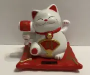 Solar powered White money Lucky cat with Lucky hammer Hand Waving figuire, 5.5”H