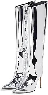 [Arqa] Women's Metallic Knee High Boots Stiletto High Heels Wide Calf Boot with Zipper Pointed Toe Dressy Shoes