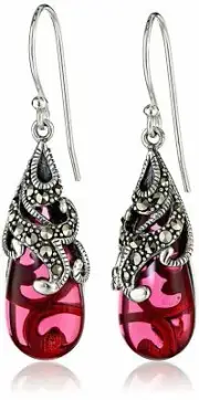 New Amazon Collection Sterling Silver 925 Marcasite Red Glass Teardrop Earrings