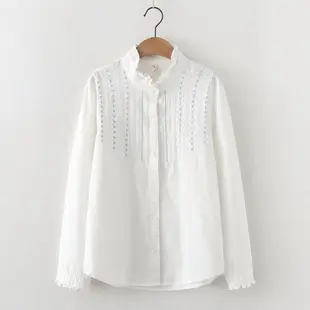 刺繡長袖襯衫 小清新白色襯衫 韓版洋氣寬鬆上衣