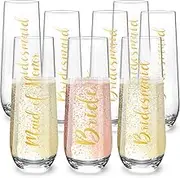 Qooenz Bridesmaids Champagne Flutes Set of 8-9.3oz Champagne Glasses for Bride Bridesmaids Maid of Honor - Mimosa Cocktail Glasses - Proposal Gifts for Bridal Shower Bachelorette Party Wedding