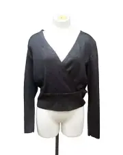 Ann Taylor Black Metallic Sparkle Deep V-neck Pullover Faux Wrap Glittery Top