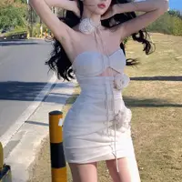 在飛比找蝦皮商城優惠-韓國性感少女一字領洋裝白色包臀鏤空網紗包臀緊身裙夏季新品