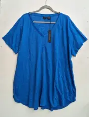 Tahari Knit Top 100% Linen Tee Shirt V-NeckTunic Short Plus Size 2X Blue NWT