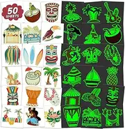 EMOME Luminous Beach Luau Pool Summer Party Decorations, 50 Individually Wrapped Sheets Glow Beach Tattoos Goody Bag Stuffers for Kids, Hawaiian Party Favors Kids Tattoos