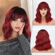 Short Wavy Ombre Red Wig with Bangs - 14 Inch Short Wavy Bob Wig with Bangs f...