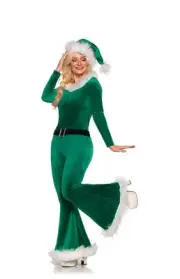 Underwraps Women's Green Jingle Fur Trimmed Crop Top, Pants & Belt Size S NEW