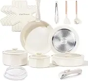 Chef Power Ceramic Nonstick Cookware Set 19 Piece with Detachable Handle, Induction Dishwasher Oven Safe Pans and Pots Set, RV Kicthen Set Removable Handle, Cream White