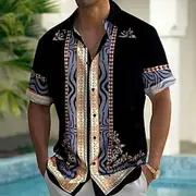 Men's Geometric Pattern Ethnic Shirt Button Up Shirt Short Sleeve Vintage Retro Vacation Streetwear Beach Wear Summer Fall Turndown 3D Print Collared Shirts Fr